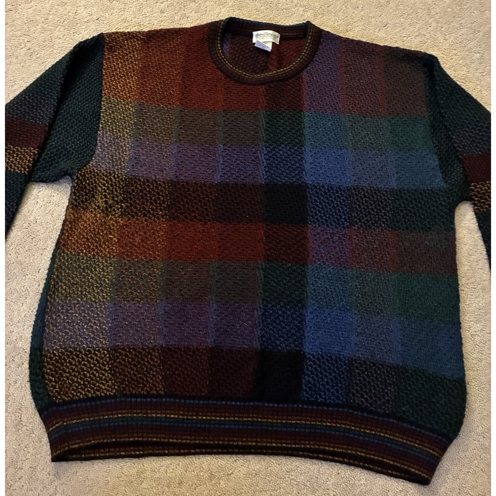 Vintage Norm Thompson Wool Sweater Mens Large 3D Block Patchwork Coogi Style Y2K